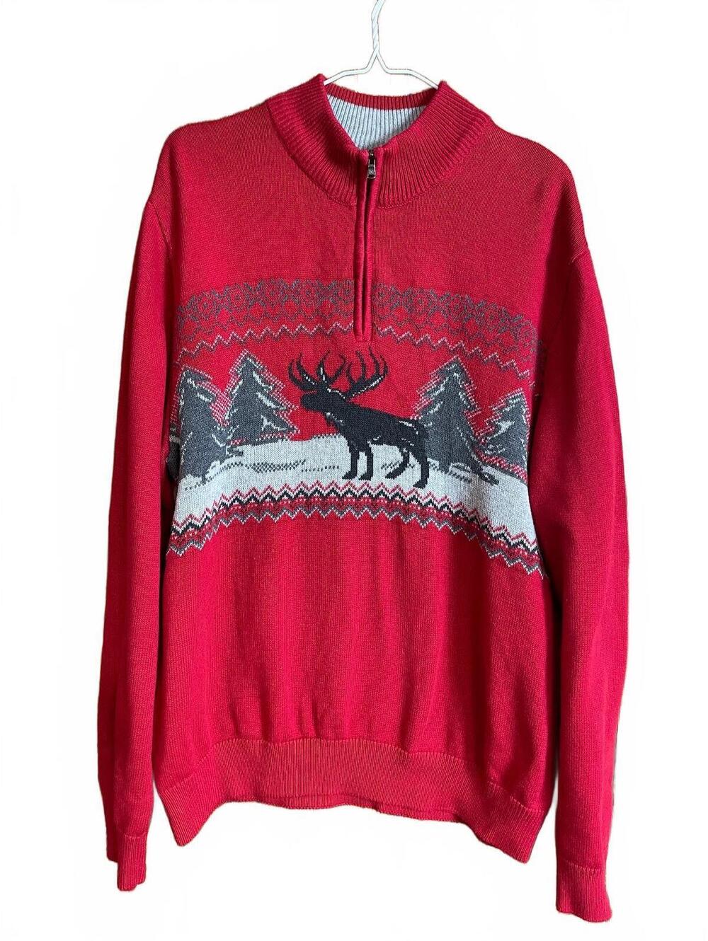Chaps red half zip sweater with moose design Xl